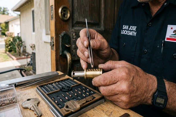 Locksmith rekeying door lock for new San Jose homeowner