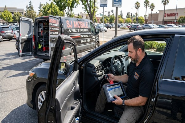Auto locksmith programming car key fob in San Jose parking lot