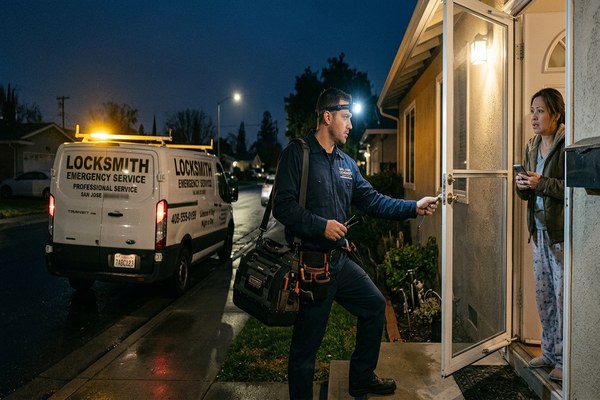Emergency locksmith arriving at San Jose home at evening for lockout