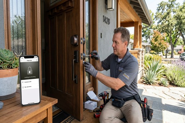 Smart keypad lock installation on San Jose modern home door
